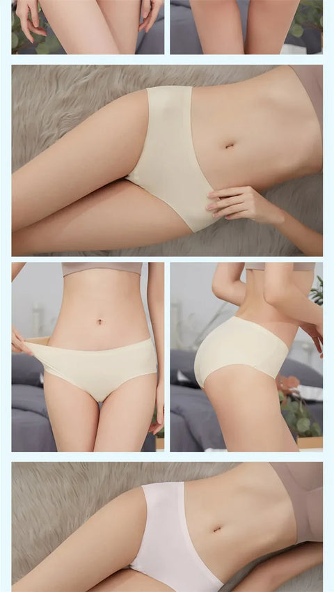 Women's Sexy  Panties Ladies Underwear Female  Seamless Ice Silk  Solid Briefs  Mid-Waist  Comfortable  Breathable G String