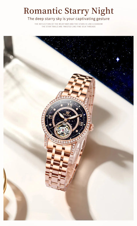 OLEVS 7036 Automatic Mechanical Wrist Watch for Women with Elegant Steel Strap Skeleton Starry Sky Diamond Bezel