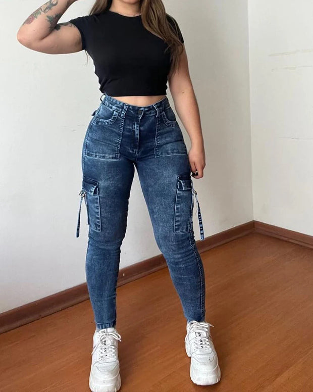 High Waist Skinny Jeans for Women Casual Wash Cargo Pants Retro Y2K Style Autumn Winter Legging Denim Trousers