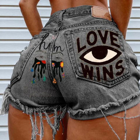 Eye Graffiti Pattern Women's Denim Shorts 2022 Summer High Waist Short Mujer Fashion Ripped Jean Shorts Streetwear Shorts w173