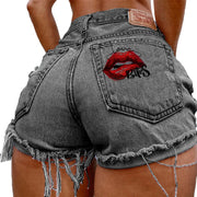 Denim Shorts for Women High Street Style with Red Lips Printed Jean Shorts Causal New Teeth Bite Bullet Pattern Summer Tassel Shorts