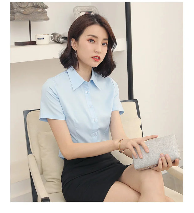 Summer Women's Office Lady Button Up White Slim Fit Basic Shirt Minimalist Short Sleeve Work Top for Women Clothing