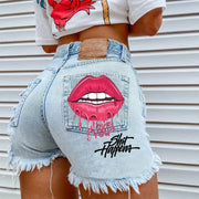 FAGADOER High Waisted Torn Denim Shorts for Women Casual Y2K Street Style with Eye Catching Printing Tassels