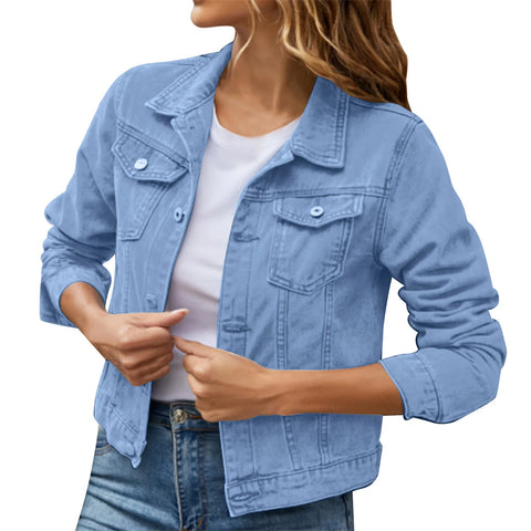 Women's Denim Jackets for Fashion Casual Long Sleeve Lapel Solid Single Button Chest Pocket Slim Fit Jean Coat for Fall Winter