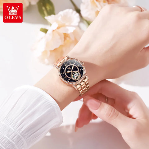 OLEVS 7036 Automatic Mechanical Wrist Watch for Women with Elegant Steel Strap Skeleton Starry Sky Diamond Bezel