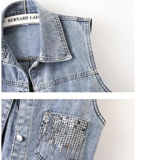 2024 Fashion Design Women's Denim Vest Sequins Waistcoat Korean Style Leeveless Jacket for Summer Autumn Season