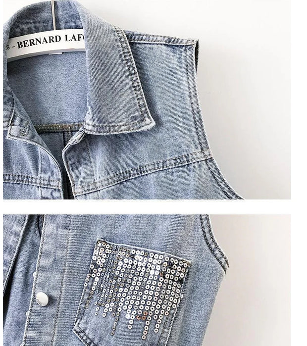 2024 Fashion Design Women's Denim Vest Sequins Waistcoat Korean Style Leeveless Jacket for Summer Autumn Season