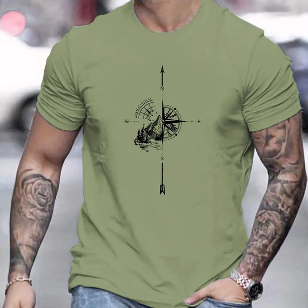 Men's Summer Casual Loose Size 100% Cotton Mountain Compass Pattern Print Round Neck Short Sleeve T-shirt Top