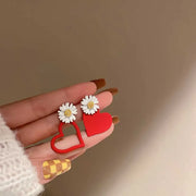 Cute Daisy Flower Stud Earrings for Women Red White Color Sweetheart Asymmetrical Earring Party Wedding Jewelry Gifts