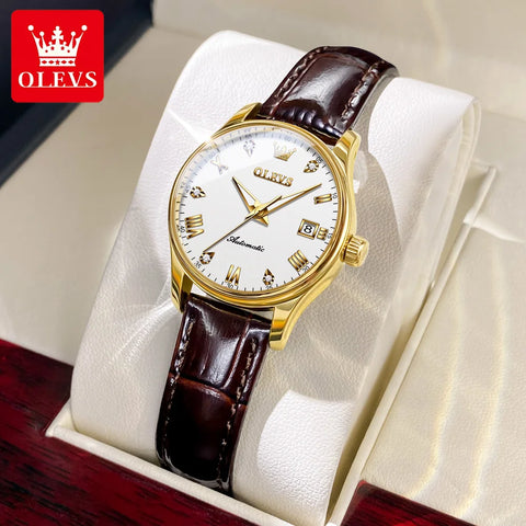 OLEVS Brand Women's Mechanical Watch with Simple Leather Strap Calendar Fully Automatic 9932 Model