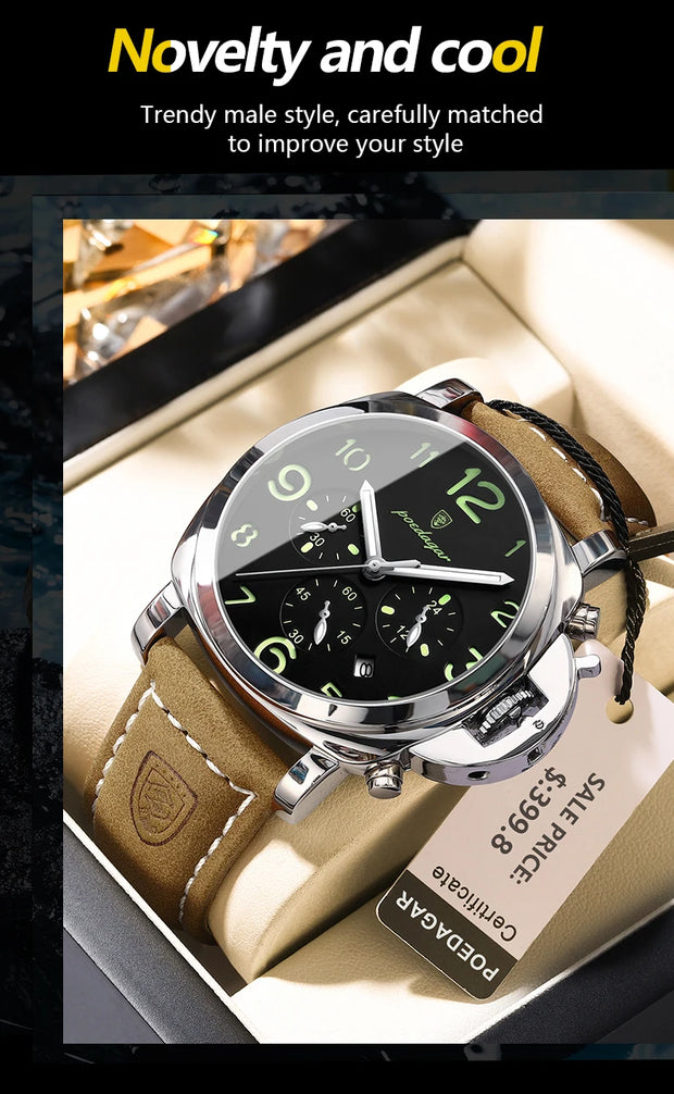 POEDAGAR Luxury Men's Quartz Watch Chronograph Waterproof Luminous Date Casual Leather Sports Military Wristwatch