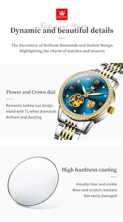 OLEVS 6706 Automatic Mechanical Wristwatch for Women Luxury Flower Diamond Dial Waterproof Ladies Hand Clock