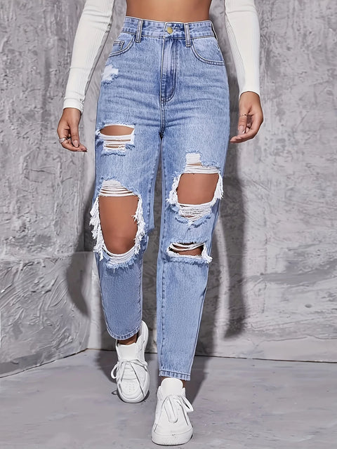 American Retro High-Waist Hole-Punched Women's Jeans Straight-Crotch Slim Fit Wide-Leg Design for High-Street Casual Wear