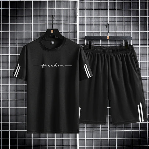 【 M-5XL 】 Summer men's set 2024 new quick drying breathable mesh short sleeved T-shirt and shorts two-piece running sports set