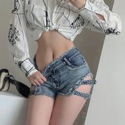 New Sexy Hollow High Waist Perforated Bar Hot Pants Summer High Elastic Plus Size Fashion Casual Jeans Denim Shorts Women