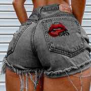 Denim Shorts for Women High Street Style with Red Lips Printed Jean Shorts Causal New Teeth Bite Bullet Pattern Summer Tassel Shorts