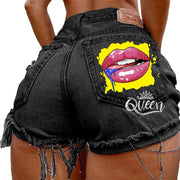 Denim Shorts for Women High Street Style with Red Lips Printed Jean Shorts Causal New Teeth Bite Bullet Pattern Summer Tassel Shorts