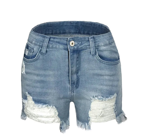 2025 Summer New Women's Ripped Denim Shorts Fashion High Elastic Tassel Straight Jeans Shorts Casual Sexy Ladies Shorts