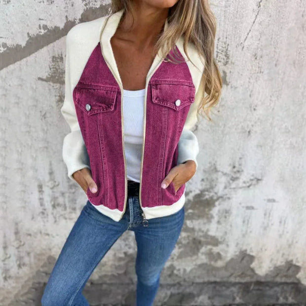 Autumn Winter Denim Patchwork Jacket for Women Casual Fashion V-Neck Long Sleeve Shoulder Rubbing Coat