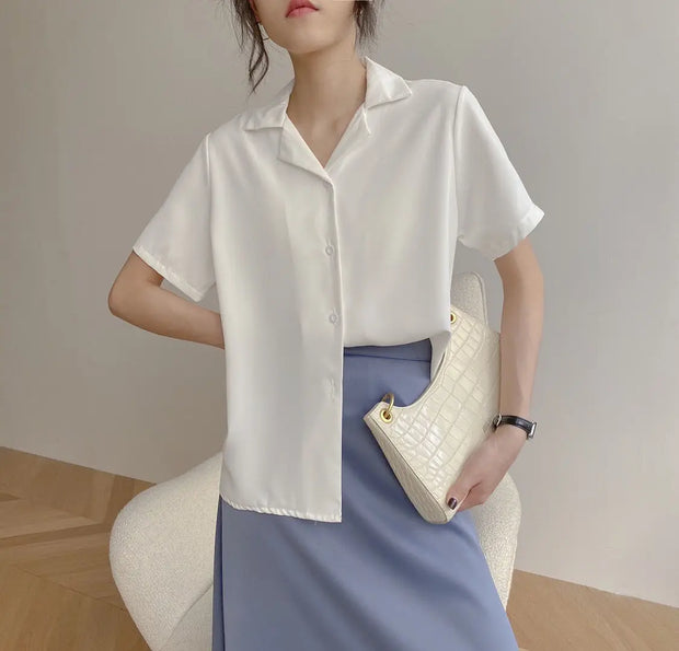 Elegant Women's Summer Chiffon Blouse Casual Turn Down Collar Short Sleeve Loose Shirt Korean Chic Female Tunic