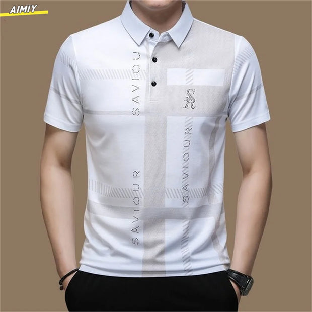 Casual Business Men's Polo Shirt Short Sleeves Summer Pattern Print Button-up Loose Fashion Tops