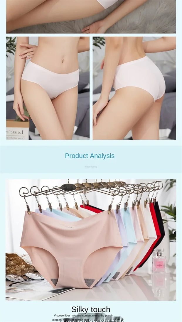 Women's Sexy  Panties Ladies Underwear Female  Seamless Ice Silk  Solid Briefs  Mid-Waist  Comfortable  Breathable G String