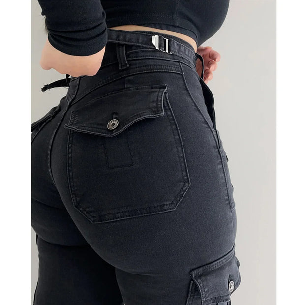 Women Straight Cargo Jeans Women's Streetwear Stretchy High Waisted Jeans Unique Multi-Pocket Female Trousers Pocket Design