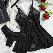 Exquisite Tulle Suspenders Lace V-Neck Nightgown Set for Women Semi-transparent Thong Underwear with Eye-catching Design