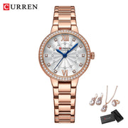 Luxury Stainless Steel Quartz Wristwatch for Women with Rhinestones Elegant Ladies Watch Gift Jewelry Set 5pcs