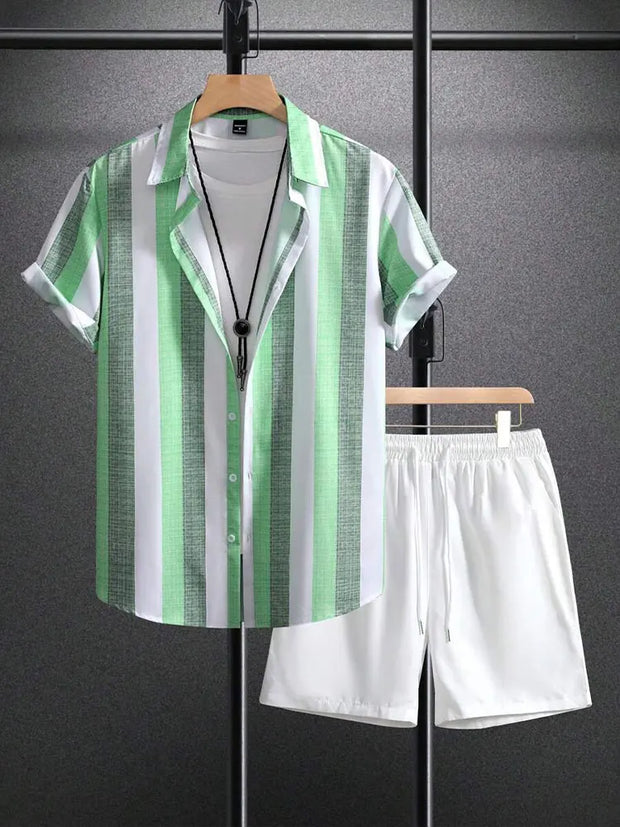 New Palm Leaf Print Men's Casual Shirt Hawaiian Men's Beach Shorts Summer Everyday Short-sleeved Shirt And Sports Shorts Set