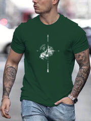 Men's Summer Casual Loose Size 100% Cotton Mountain Compass Pattern Print Round Neck Short Sleeve T-shirt Top