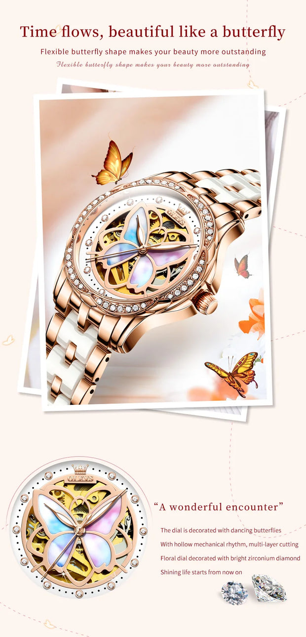 OLEVS Elegant Ladies Watch Butterfly Dial Design Waterproof Ceramic Strap Bracelet Set with Diamonds Ideal Gift