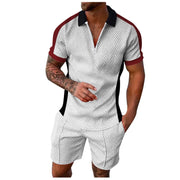 Contrast Color Men's Hawaii 3D Printed Polo Shirt and Shorts Set Casual Zip Up Top with Short Sleeves for Summer Fashion