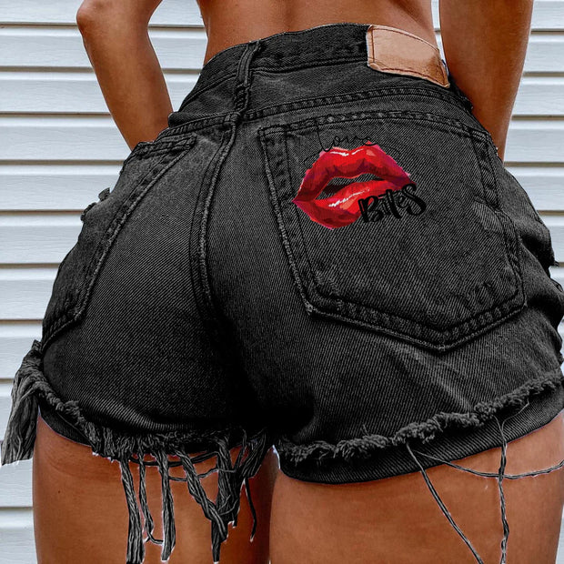 Denim Shorts for Women High Street Style with Red Lips Printed Jean Shorts Causal New Teeth Bite Bullet Pattern Summer Tassel Shorts