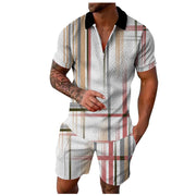 Contrast Color Men's Hawaii 3D Printed Polo Shirt and Shorts Set Casual Zip Up Top with Short Sleeves for Summer Fashion