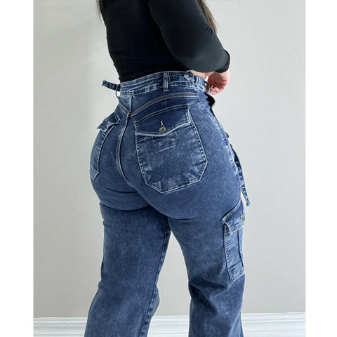 Women Straight Cargo Jeans Women's Streetwear Stretchy High Waisted Jeans Unique Multi-Pocket Female Trousers Pocket Design