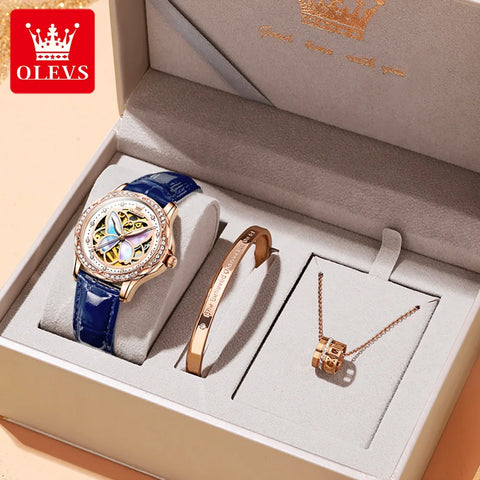 OLEVS Elegant Ladies Watch Butterfly Dial Design Waterproof Ceramic Strap Bracelet Set with Diamonds Ideal Gift