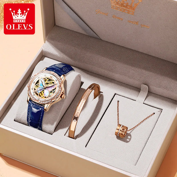 OLEVS Elegant Ladies Watch Butterfly Dial Design Waterproof Ceramic Strap Bracelet Set with Diamonds Ideal Gift