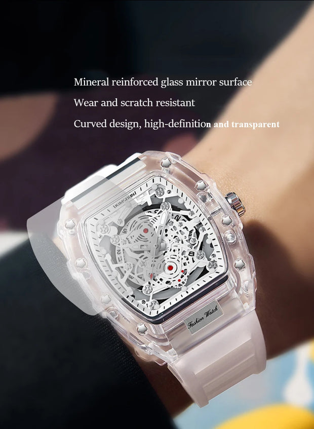 UTHAI Men's Watch: Transparent Quartz Wristwatch with Eye-Catching Sports Personality Design Waterproof Calendar Male Fashion Clock Gift