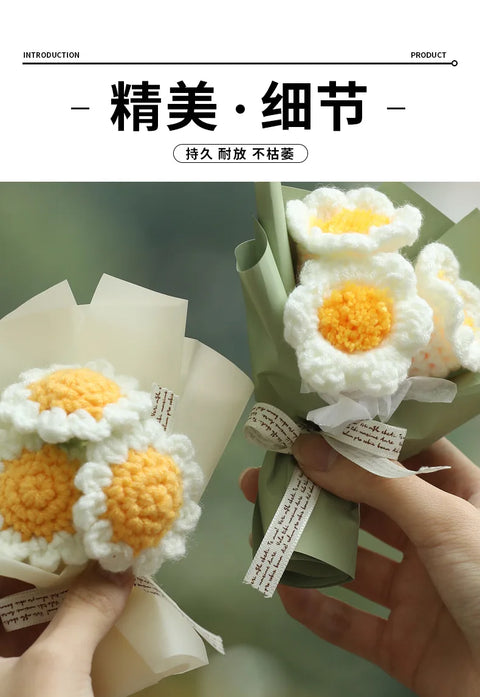 Mini Crochet Flowers Bouquet Artificial Flower Hand Knitted Daisy Crochet Tulip Wedding Guests Gift Birthday Christmas Gifts