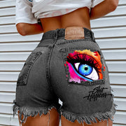 Denim Shorts for Women High Street Style with Red Lips Printed Jean Shorts Causal New Teeth Bite Bullet Pattern Summer Tassel Shorts