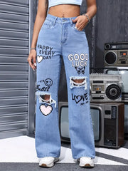 Chic Ripped Jeans for Women Fashion Casual High Waist Button Up Butterfly Print Straight Pants Perfect for Spring Summer 2024