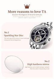 OLEVS 7036 Automatic Mechanical Wrist Watch for Women with Elegant Steel Strap Skeleton Starry Sky Diamond Bezel