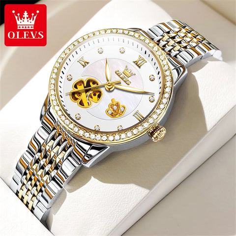 OLEVS 6706 Automatic Mechanical Wristwatch for Women Luxury Flower Diamond Dial Waterproof Ladies Hand Clock