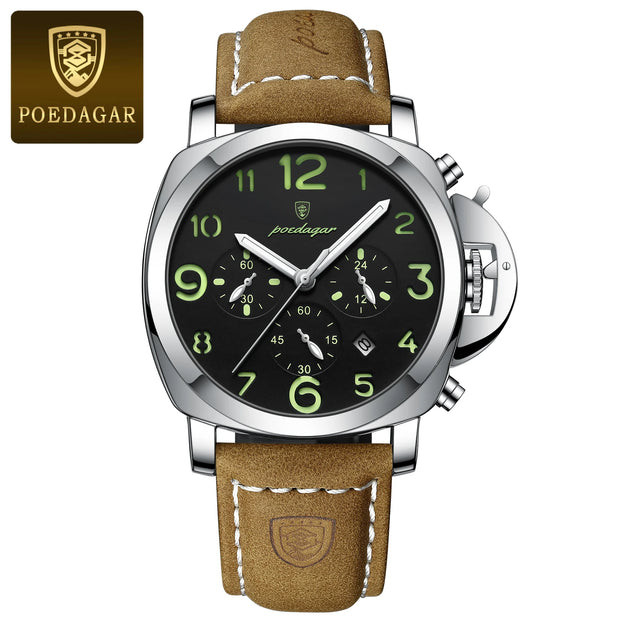 POEDAGAR Luxury Men's Quartz Watch Chronograph Waterproof Luminous Date Casual Leather Sports Military Wristwatch