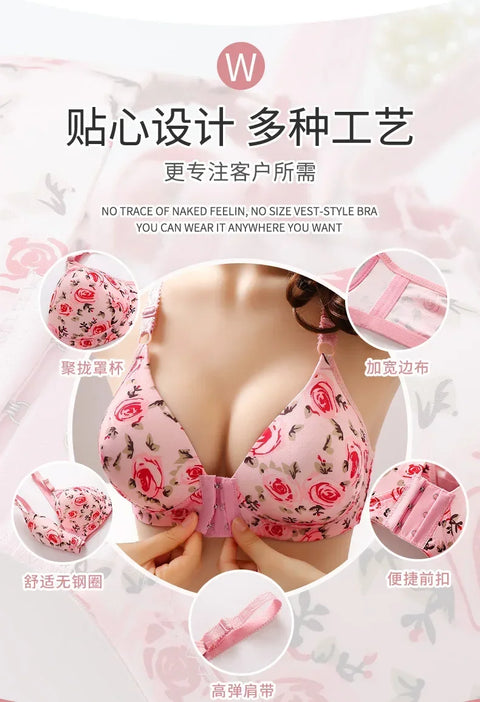 Floral Rose Push Up Bra Front Closure Wireless Bralette Seamless Underwear Plus Size for Women Eye Catching Short Length