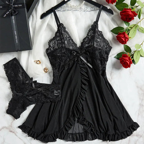 Exquisite Tulle Suspenders Lace V-Neck Nightgown Set for Women Semi-transparent Thong Underwear with Eye-catching Design