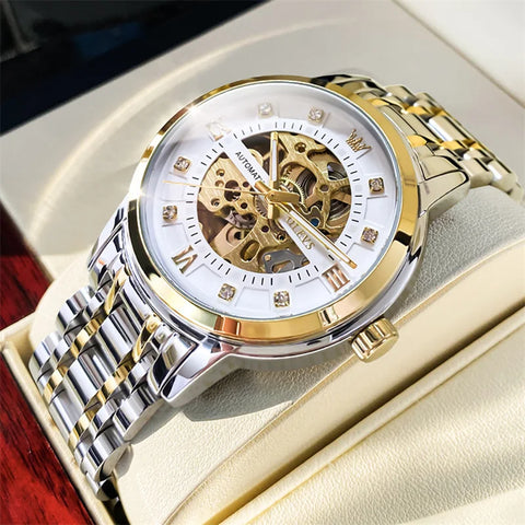 OLEVS Men's Luxury Sports Skeleton Luminous Automatic Watch Gold Steel Mechanical Wristwatch Waterproof Reloj Hombre