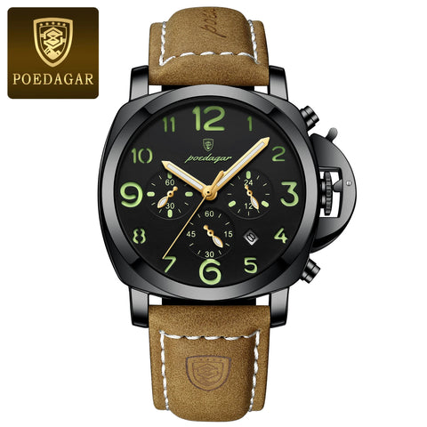 POEDAGAR Luxury Men's Quartz Watch Chronograph Waterproof Luminous Date Casual Leather Sports Military Wristwatch