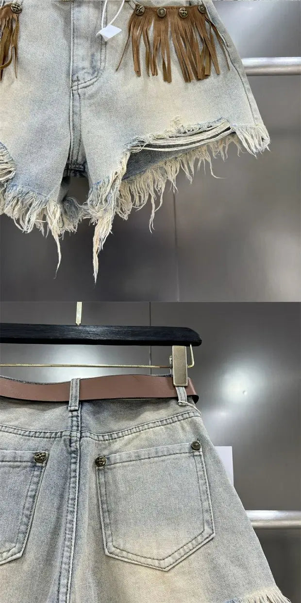 Hot girl fringe, frayed edge, ripped hole jeans, women's summer 2024 new retro slimming wide leg short pants